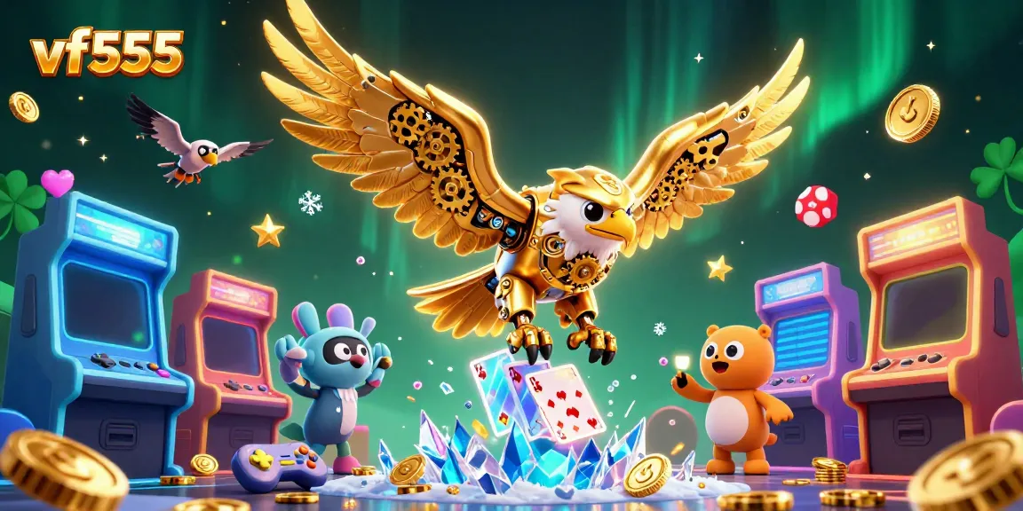 Engage with thrilling gaming action at vf555, highlighted by a cybernetic golden eagle and holographic cards.