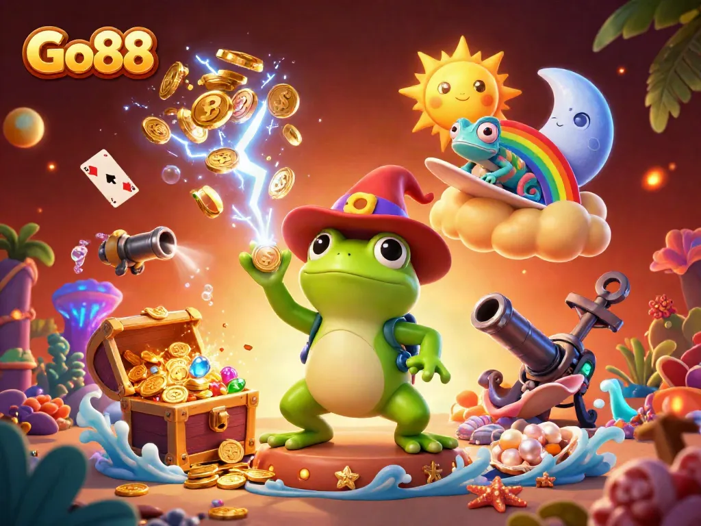 Experience exciting wins at Go88 with a magical scene of a wizard frog and chameleon amidst golden treasures.