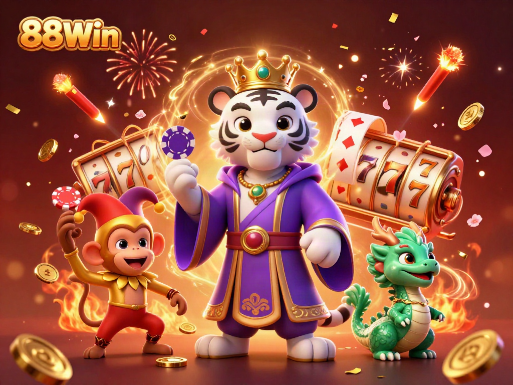 Participate in thrilling games with 88Win, where a tiger, monkey, and jade dragon showcase excitement in vibrant casino theme.