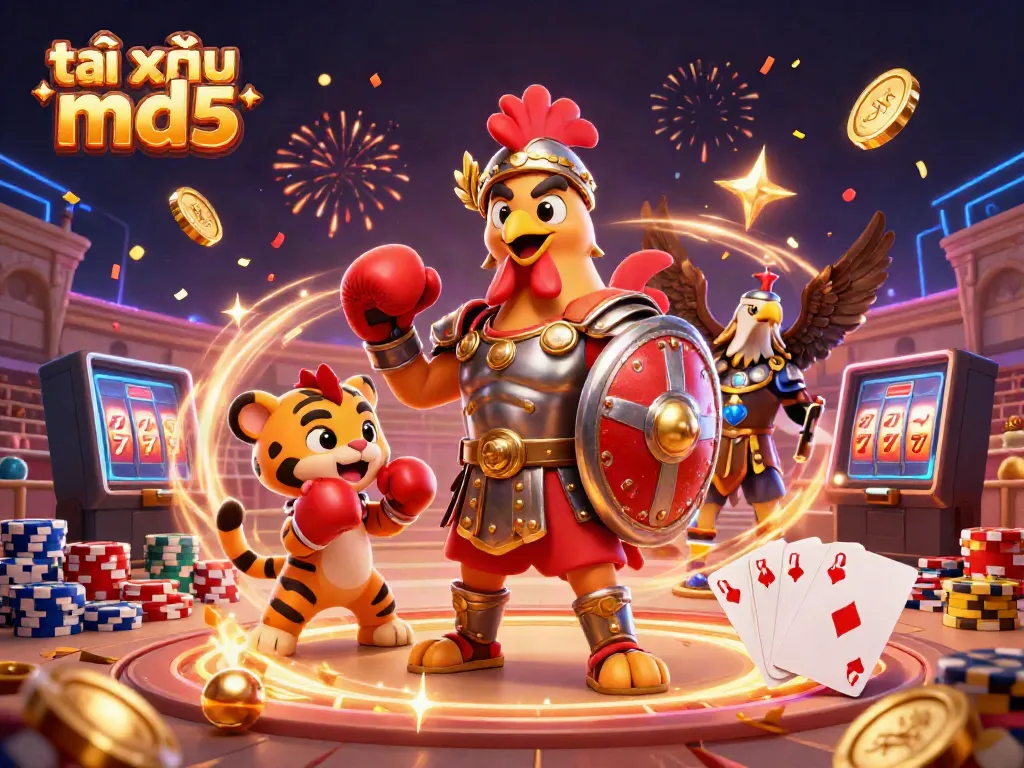 Engage in exciting gameplay with tài xỉu md5 as a gladiator rooster and tiger cub in a vibrant casino arena.