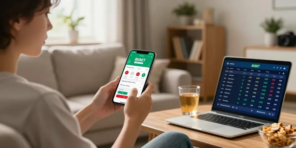 Engaging scene of a user experiencing the 8KBET app in a cozy living room, showcasing online betting relaxation.
