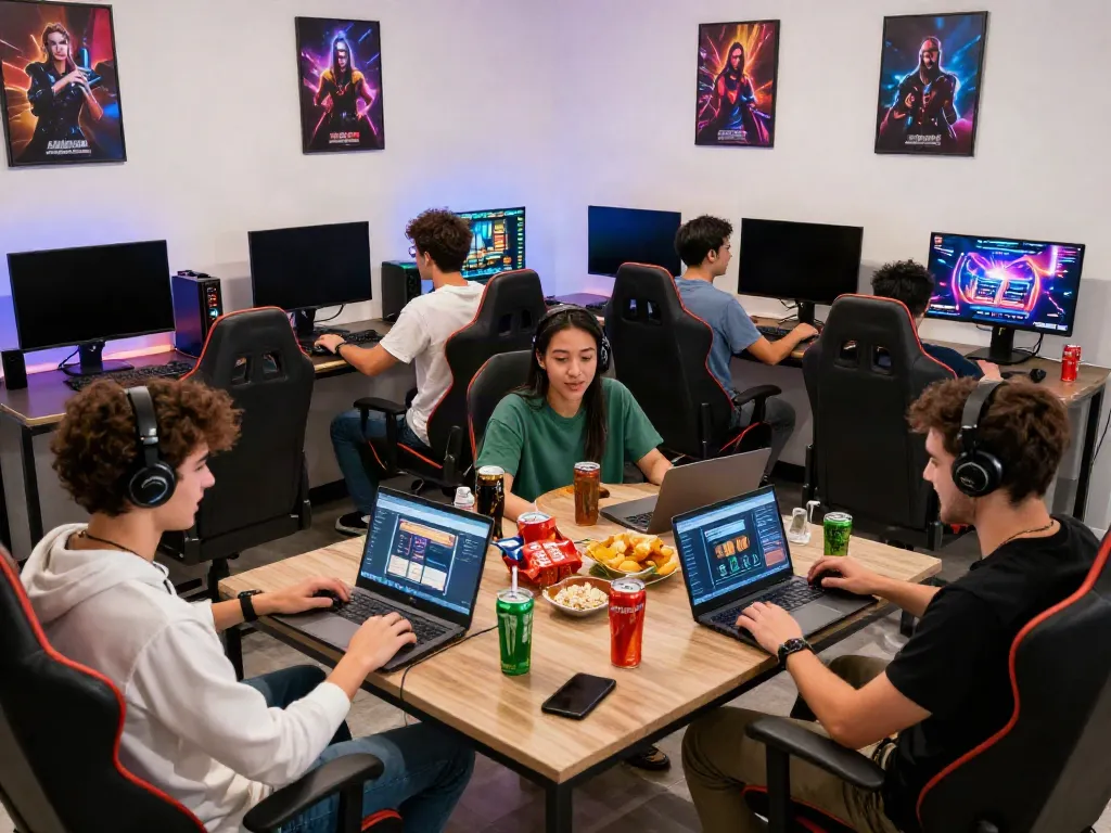 Excited friends enjoying gaming at popular non GamStop sites in a vibrant lounge.