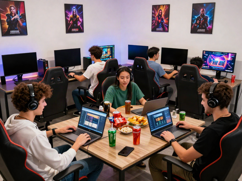Excited friends enjoying gaming at popular non GamStop sites in a vibrant lounge.