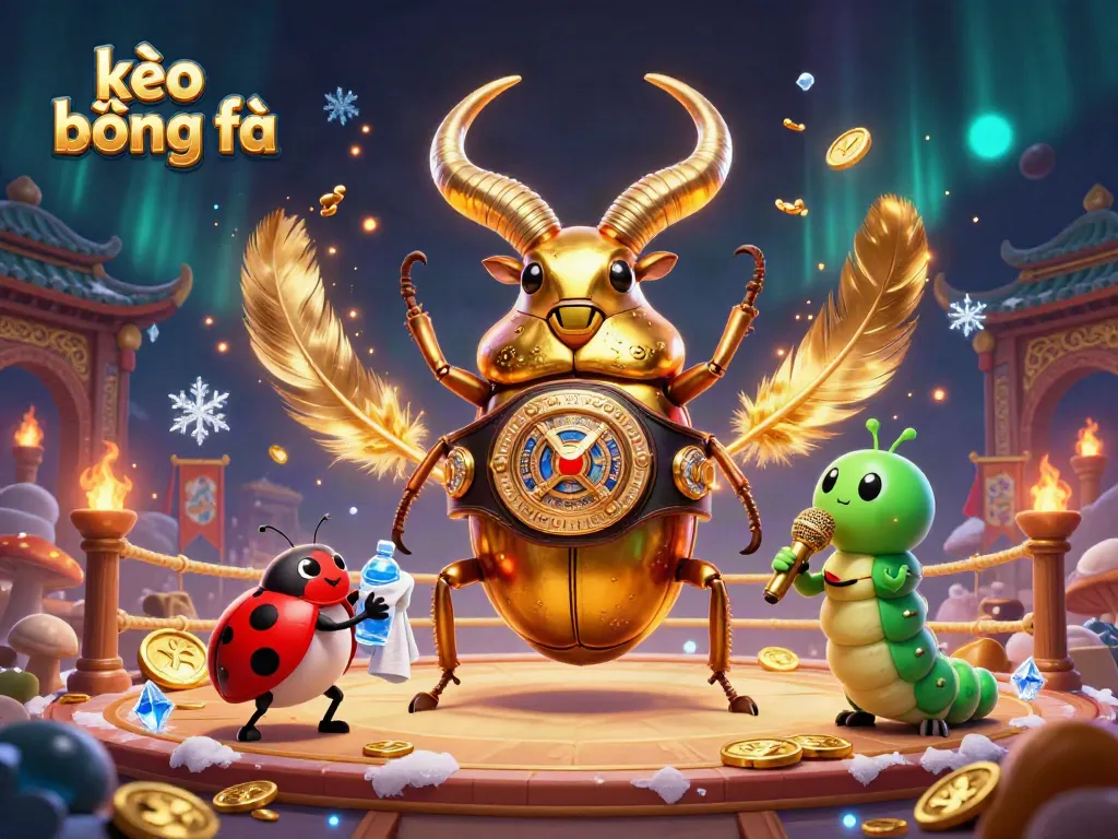 Experience thrilling kèo bóng đá moments with an action-packed scene featuring a golden stag beetle boxing champion and colorful characters.