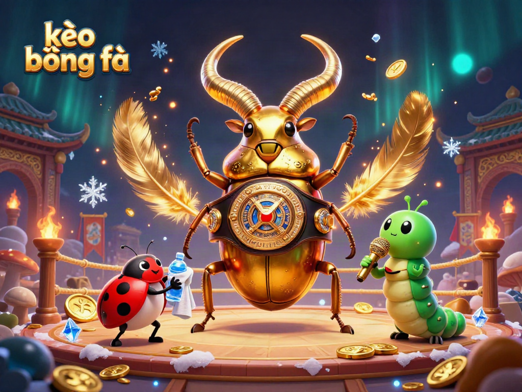 Experience thrilling kèo bóng đá moments with an action-packed scene featuring a golden stag beetle boxing champion and colorful characters.