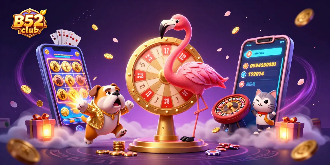 B52club captivates players with an energetic scene of a game show host and a bulldog contestant amid vibrant casino elements.