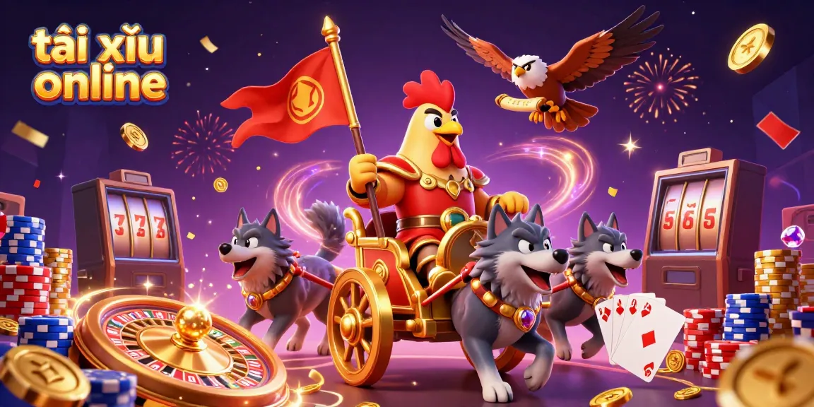 Experience the thrill of tài xỉu online with a dramatic 3D casino scene packed with action and vibrant elements.