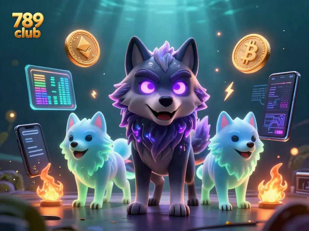 Bet on the 789 club for exciting wins with a wolf pack leader and vibrant crypto elements.