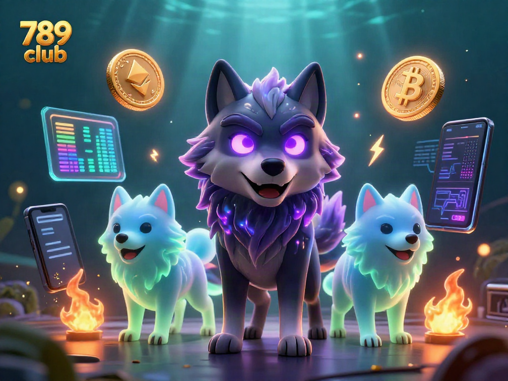 Bet on the 789 club for exciting wins with a wolf pack leader and vibrant crypto elements.
