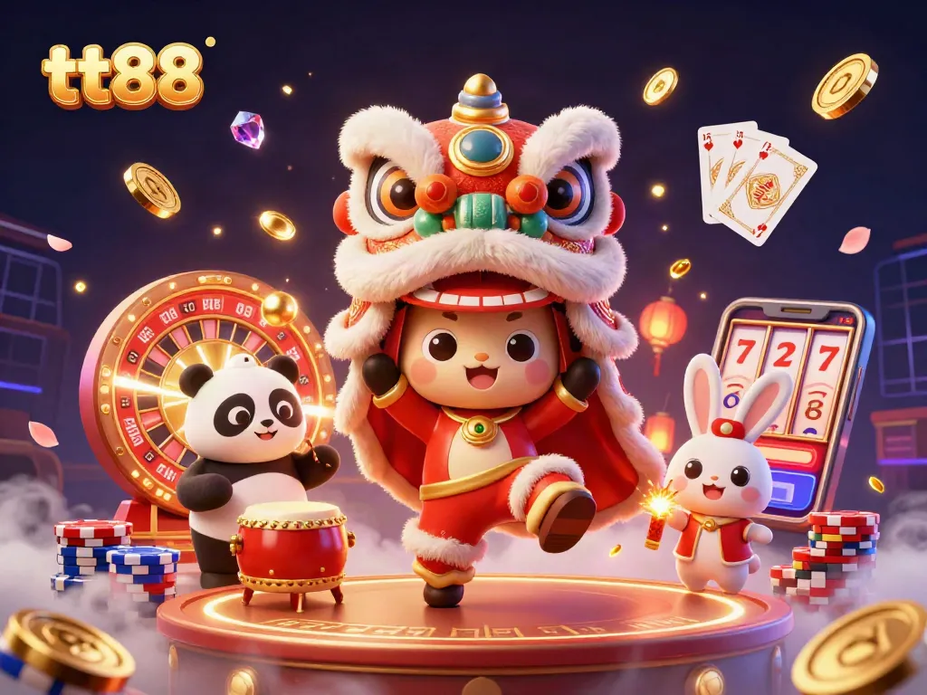 Experience the excitement of tt88 in this vibrant 3D casino illustration showcasing a lion dance, drumming panda, and dazzling game elements.