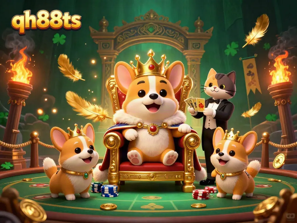 Experience thrills and excitement at qh88ts with vibrant casino-themed illustration featuring royal corgi and butler.