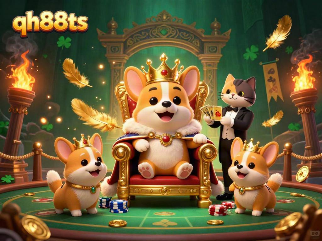 Experience thrills and excitement at qh88ts with vibrant casino-themed illustration featuring royal corgi and butler.