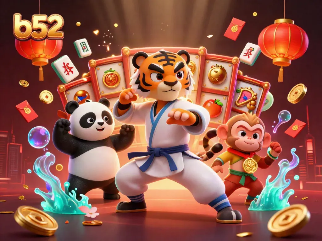 Experience the thrill of b52 gaming with dynamic casino elements, including vibrant slot machines and festive decorations.