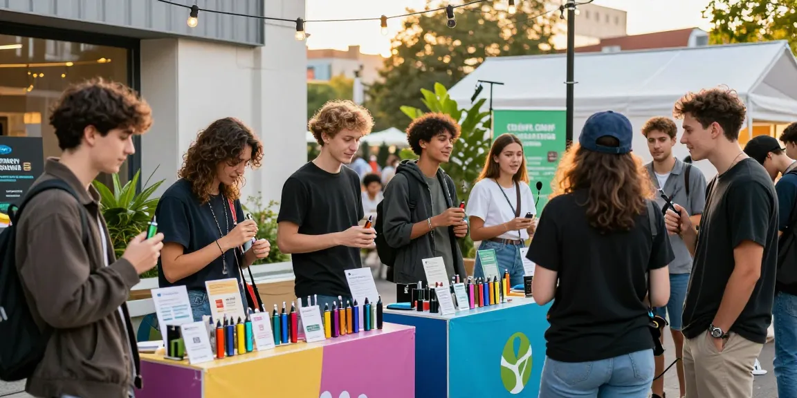 Engaging scene at a vibrant urban marketplace showcasing rokok88 alternatif products and lively interactions among diverse young adults.