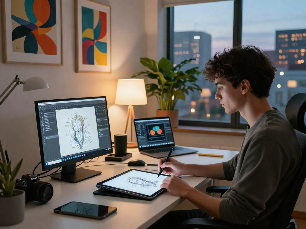 NSFW AI art creation scene in a modern digital studio showcasing creativity and technology.