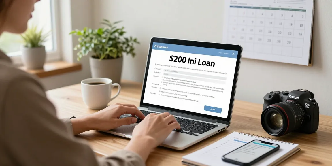 A person applying for a $200 loan at a cozy desk, surrounded by budgeting tools and supportive atmosphere.