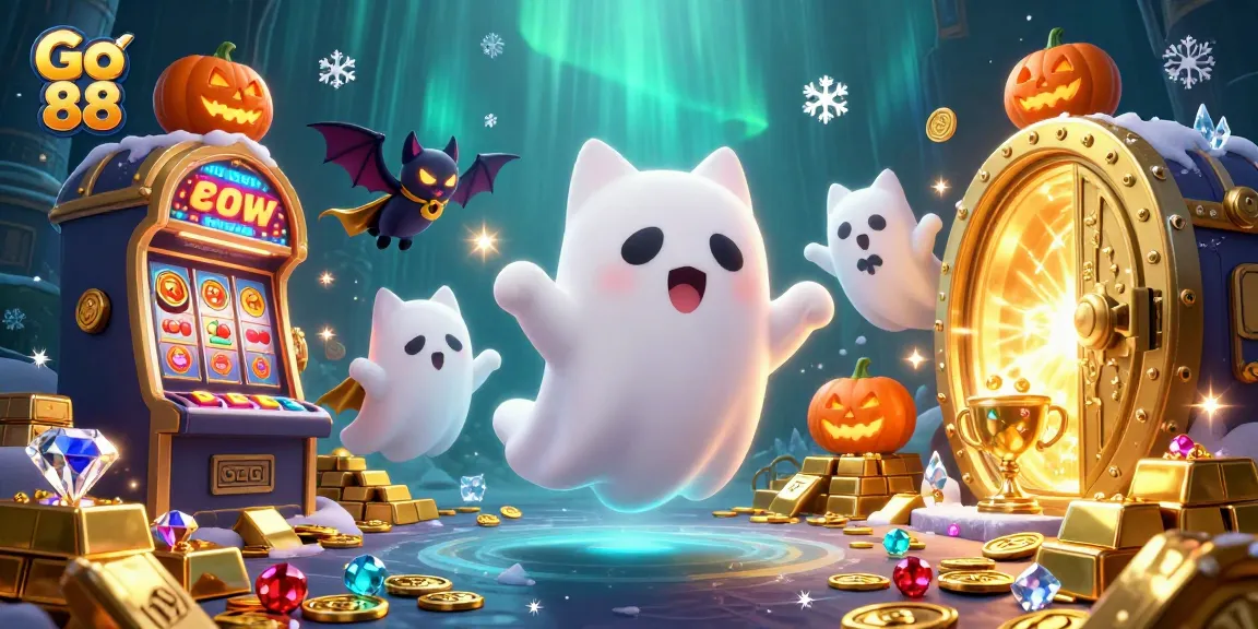 Engage with Go 88's thrilling haunted casino adventure featuring a ghost cat and glowing jack-o-lanterns.