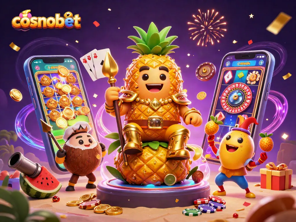 Spin the reels at cosmobet with a vibrant tropical casino scene packed with game elements and lively characters.
