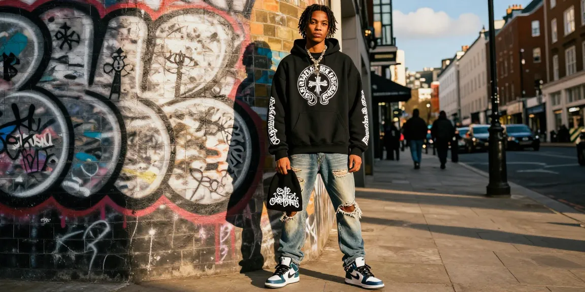 Stylish model in Chrome Hearts outfit against vibrant graffiti background in London.