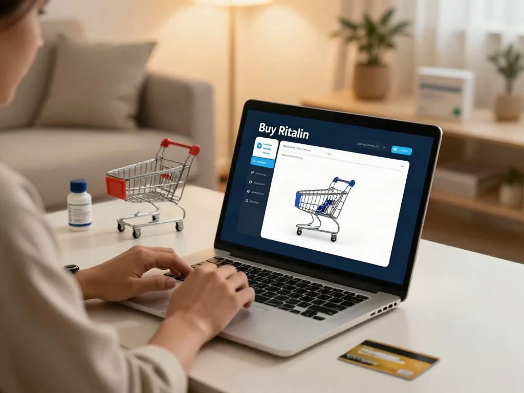 Buy Ritalin online shopping scene highlighting product review and best deals.