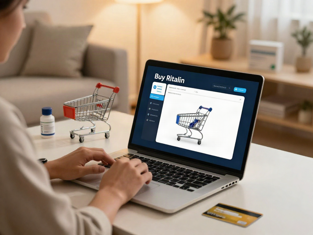 Buy Ritalin online shopping scene highlighting product review and best deals.