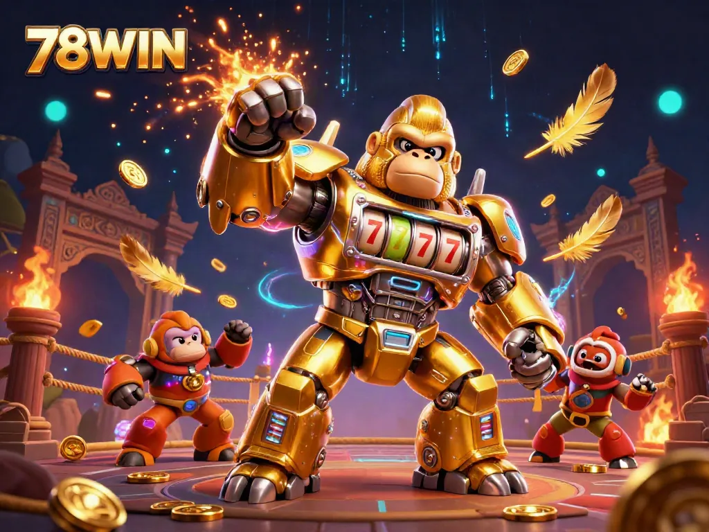 Experience thrilling gaming with 78WIN's dynamic 3D action scene featuring a golden gorilla mech.