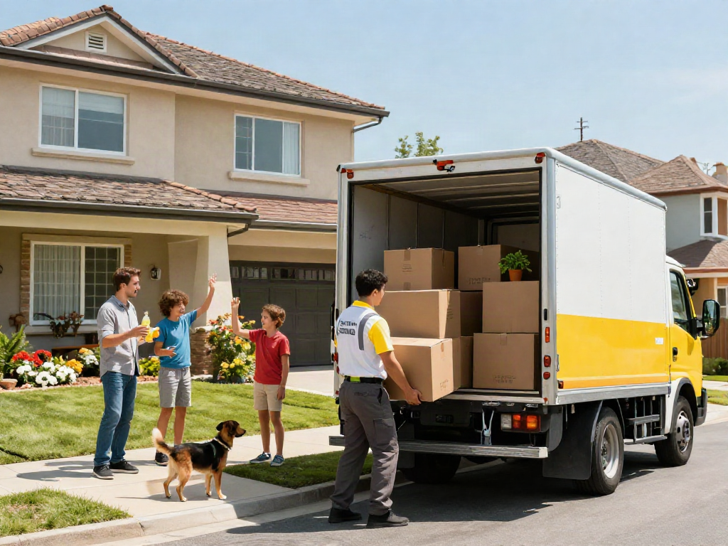 Removals London: professional movers efficiently loading boxes for a family relocation in a sunny suburban setting.