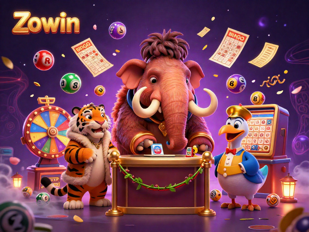 Zowin casino scene with a woolly mammoth bouncer, saber-tooth tiger guest, and dodo bird doorman amidst vibrant game elements.