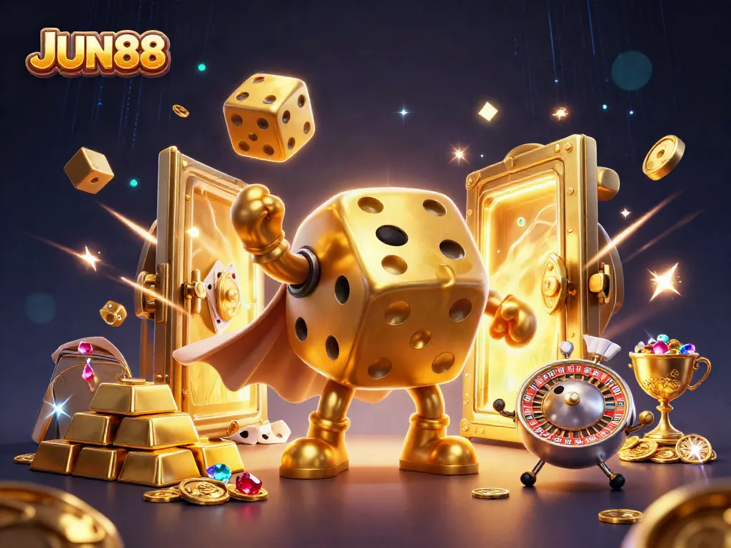 Experience the excitement of JUN88 with a dynamic scene featuring a golden dice golem and treasure.