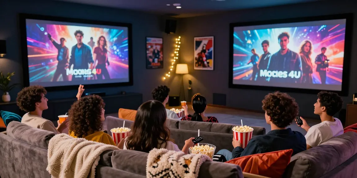 Friends enjoying a movie night with Movies 4u's latest releases in a cozy home theater setting.
