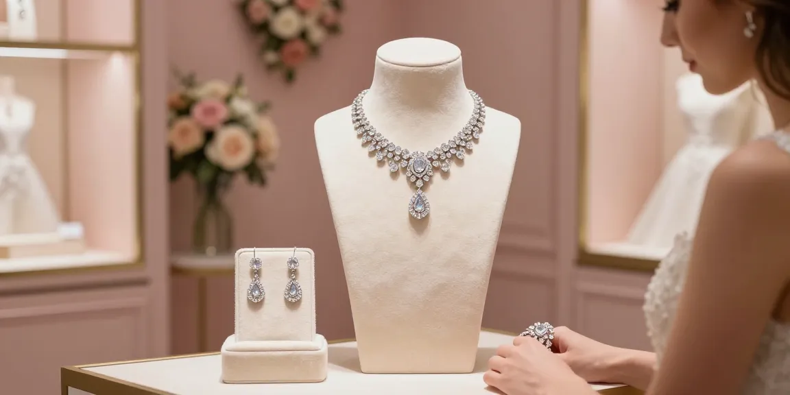 luxury bridal jewellery showcased in an elegant boutique with a bride trying on a diamond necklace