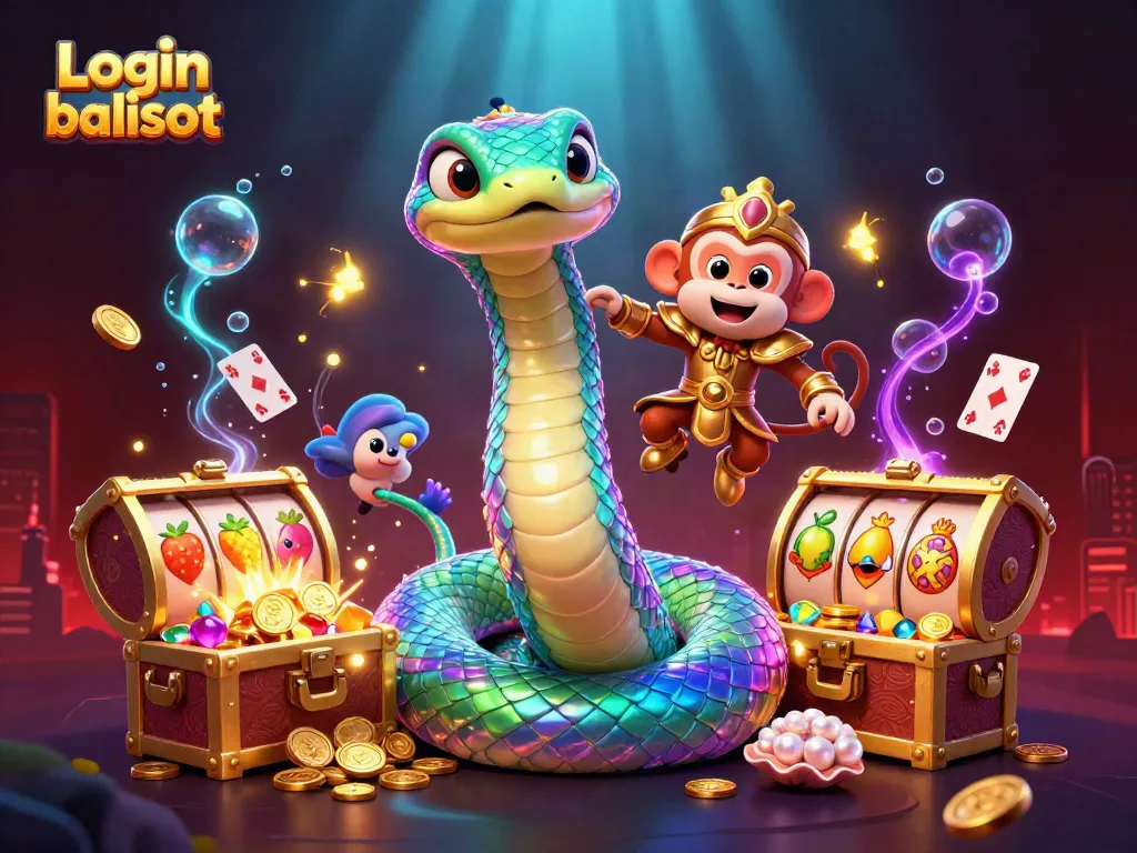 Enjoy seamless gaming with Login balislot, surrounded by vibrant casino elements and dynamic characters.