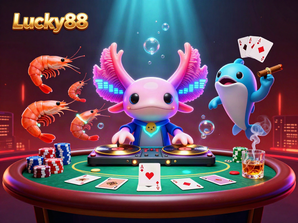 Engage with Lucky88 through an electrifying underwater casino scene featuring vibrant characters and dynamic gambling elements.