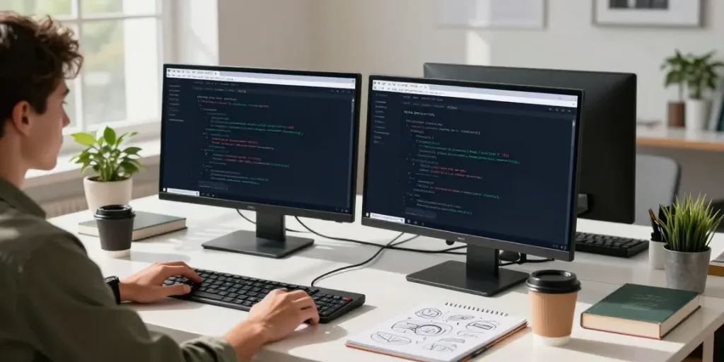 Developer showcasing instant indexing process on dual screens in a tech workspace.