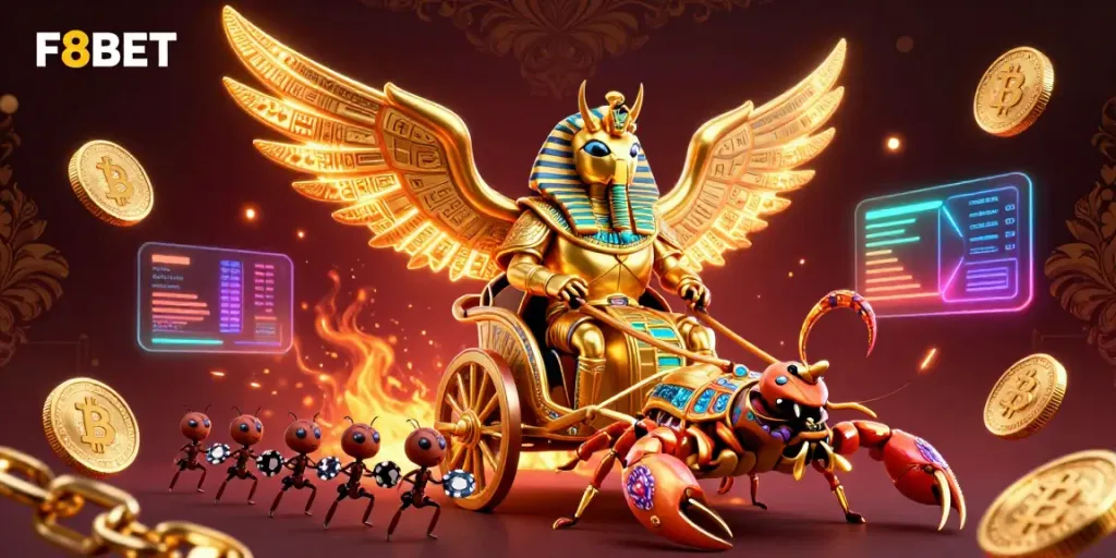 Engage with F8BET's exciting casino atmosphere featuring a golden scarab beetle and crypto elements.
