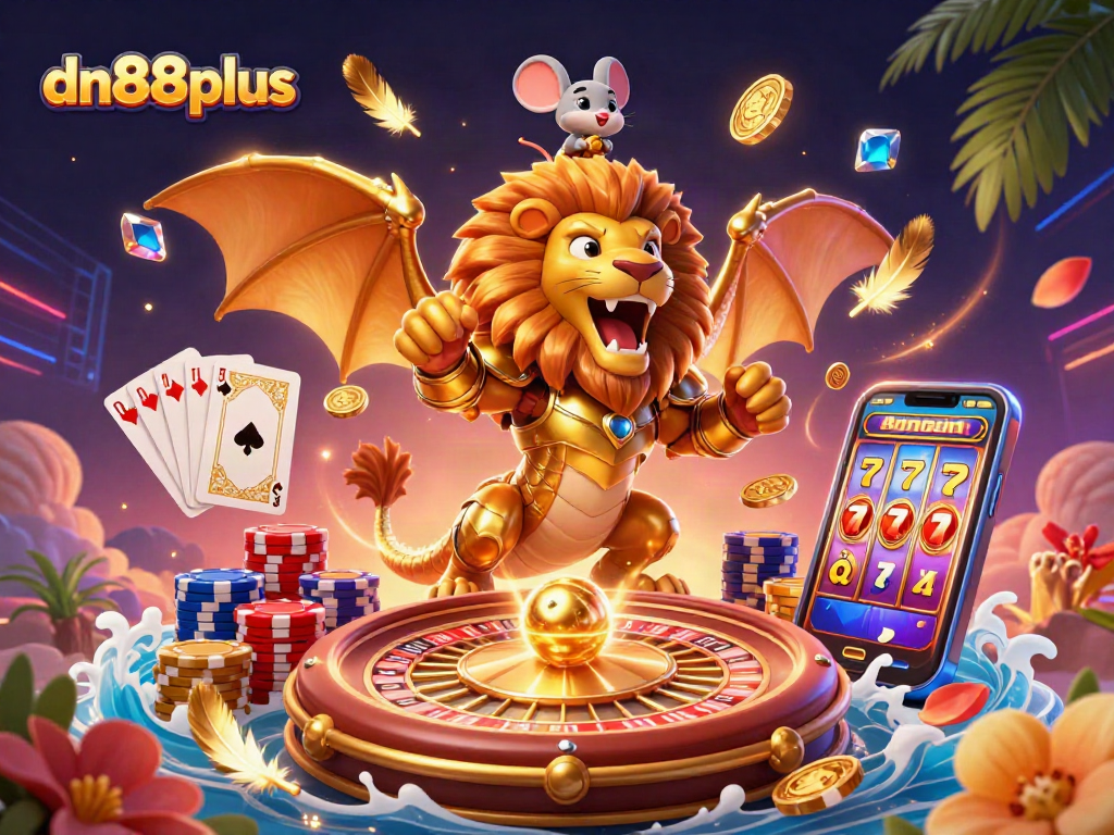 Experience the thrilling action of dn88plus with a roaring chimera, poker chips, and dazzling coins flying!