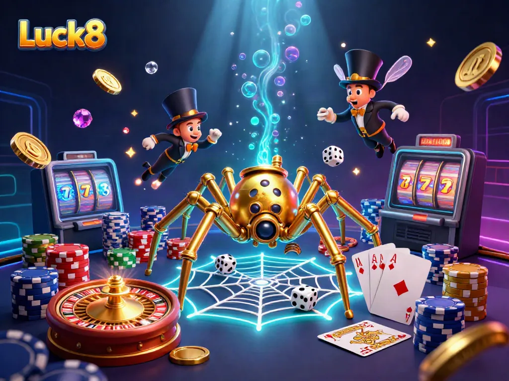 Luck8 experience showcasing a steampunk spider in a dynamic casino scene with golden coins and card games.