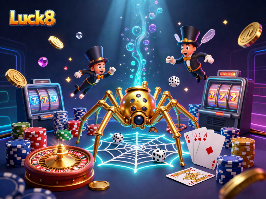Luck8 experience showcasing a steampunk spider in a dynamic casino scene with golden coins and card games.