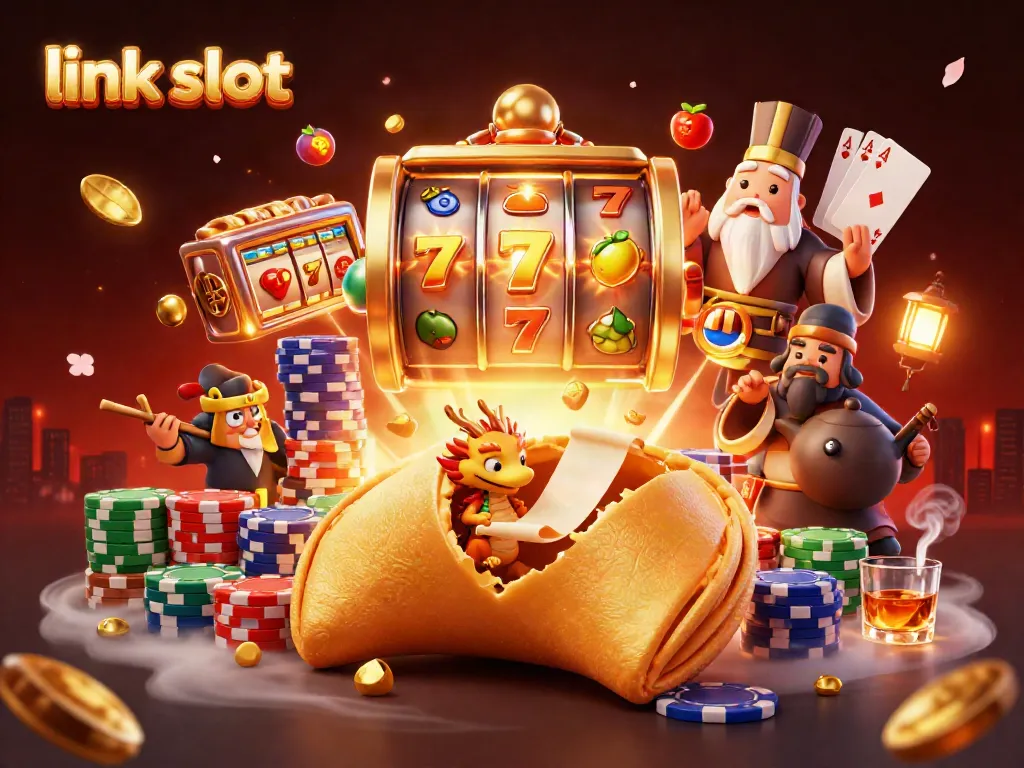 Engage with the link slot in an ultra-detailed 3D casino scene featuring a golden fortune cookie and vibrant slot elements.