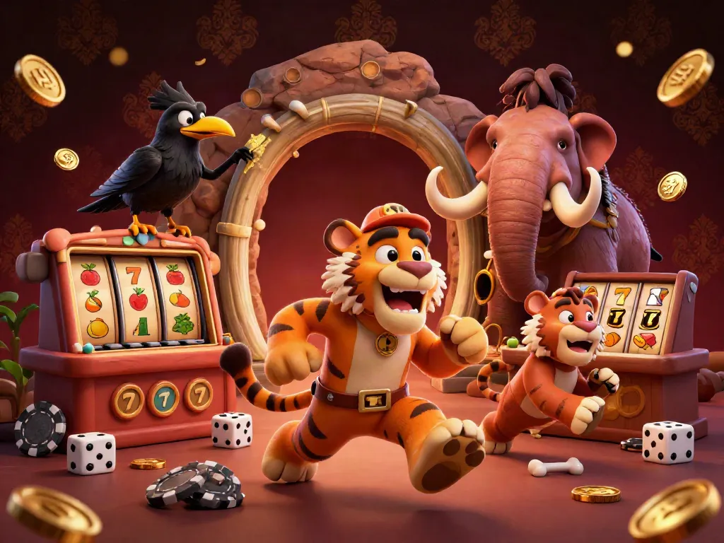 Experience thrilling slots with a cartoon caveman and sabertooth tiger duo running a prehistoric casino.