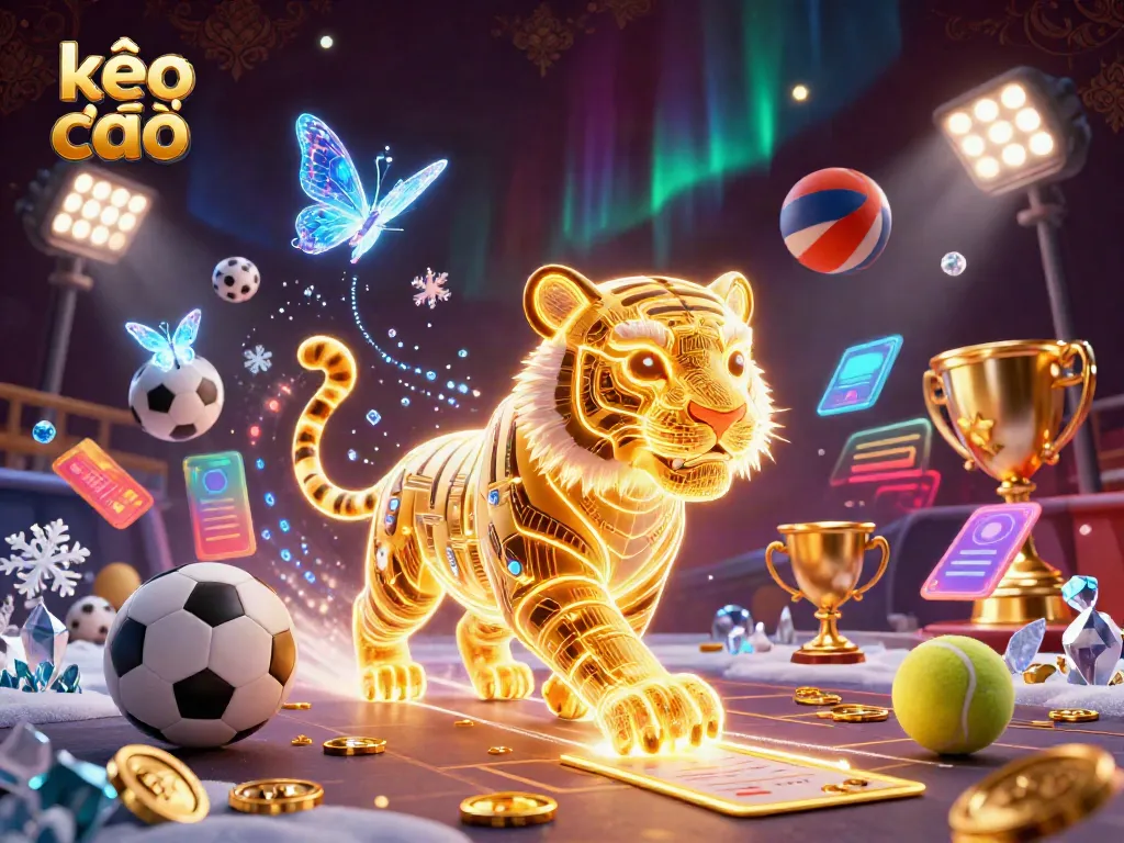 Engaging scene depicting kèo nhà cái with a golden light energy tiger in a digital casino landscape, surrounded by dynamic sports elements.
