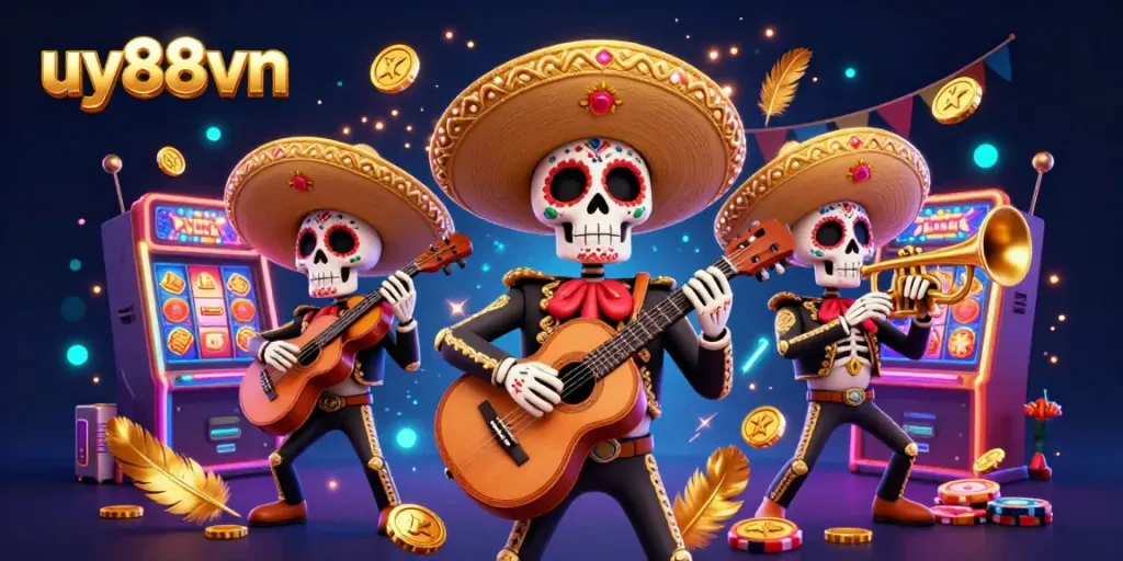 Experience the thrilling uy88vn casino atmosphere with a lively mariachi band amidst swirling golden elements.