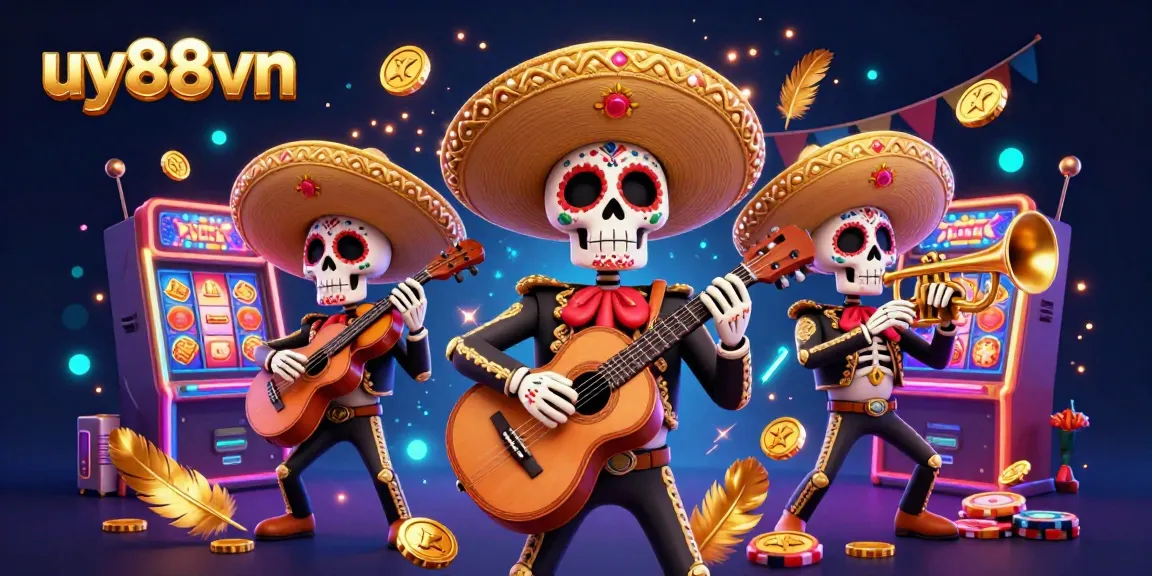 Experience the thrilling uy88vn casino atmosphere with a lively mariachi band amidst swirling golden elements.