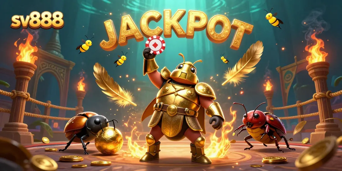 Experience the excitement of sv888 as a mighty beetle lifts a poker chip amidst vibrant casino elements.