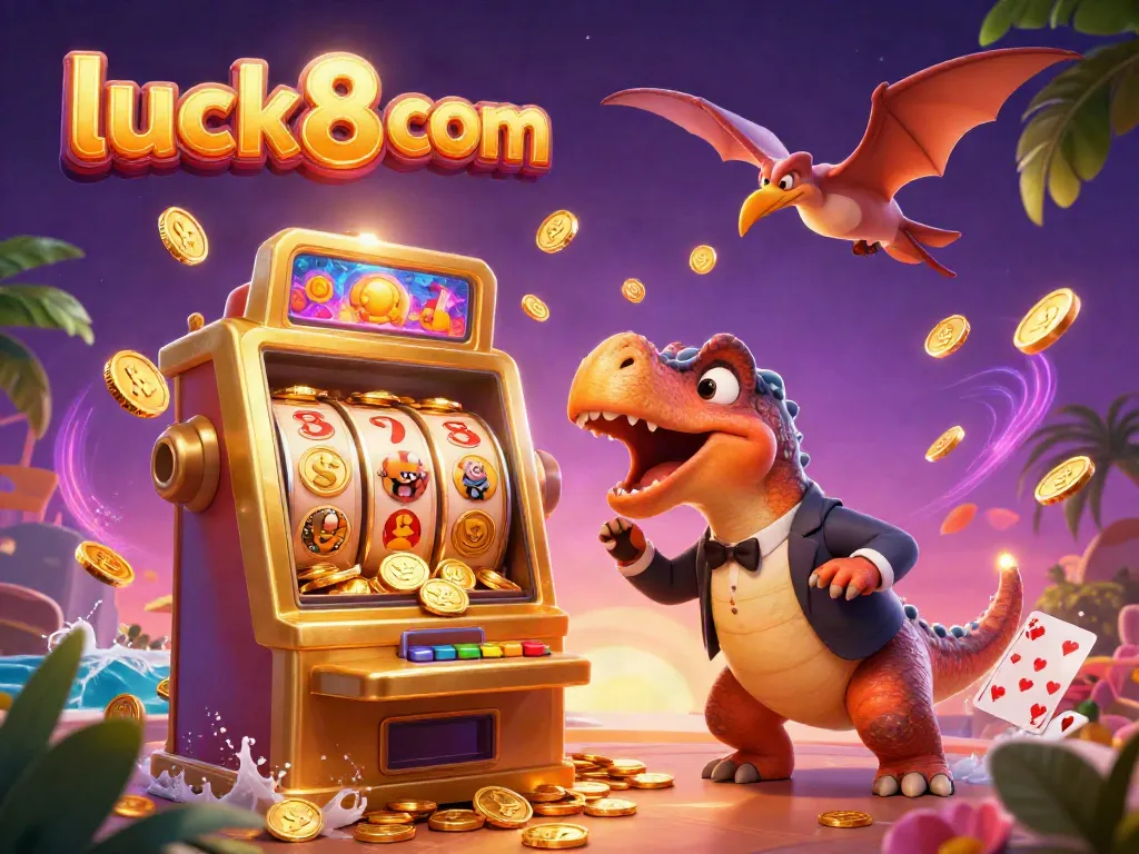 Catch the thrill of luck8 com as the cartoon pachycephalosaurus wins a jackpot at the slot machine.
