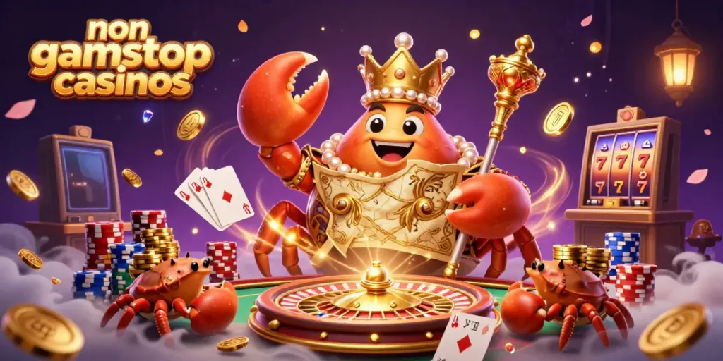 Experience vibrant gameplay with non gamstop casinos featuring a golden crab emperor and spinning roulette.