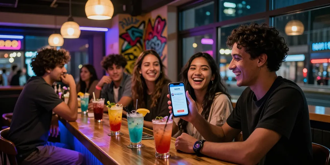 Friends at bar discussing nsfw content while enjoying colorful cocktails.