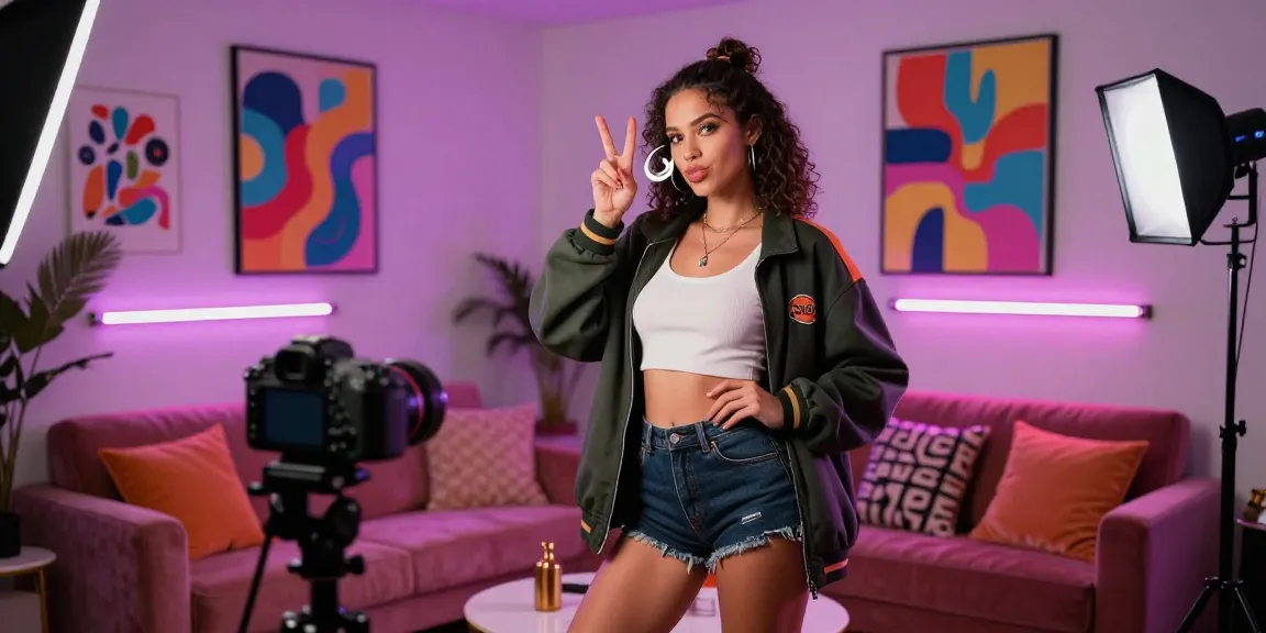 Stunning model showcasing modern NSFW AI content creation in vibrant studio.