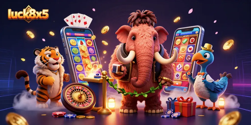 Experience luck8x5 at a vibrant casino scene featuring 3D characters enjoying slot games and more.