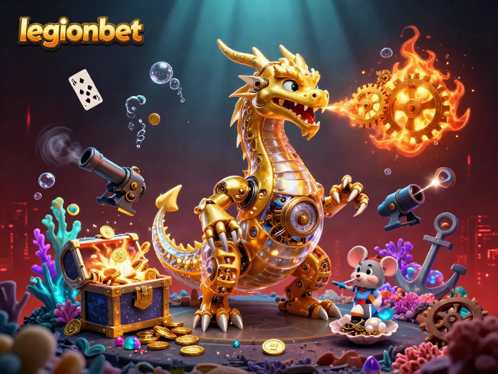 Experience the thrill at LegionBet with a golden dragon and a vibrant underwater casino scene.